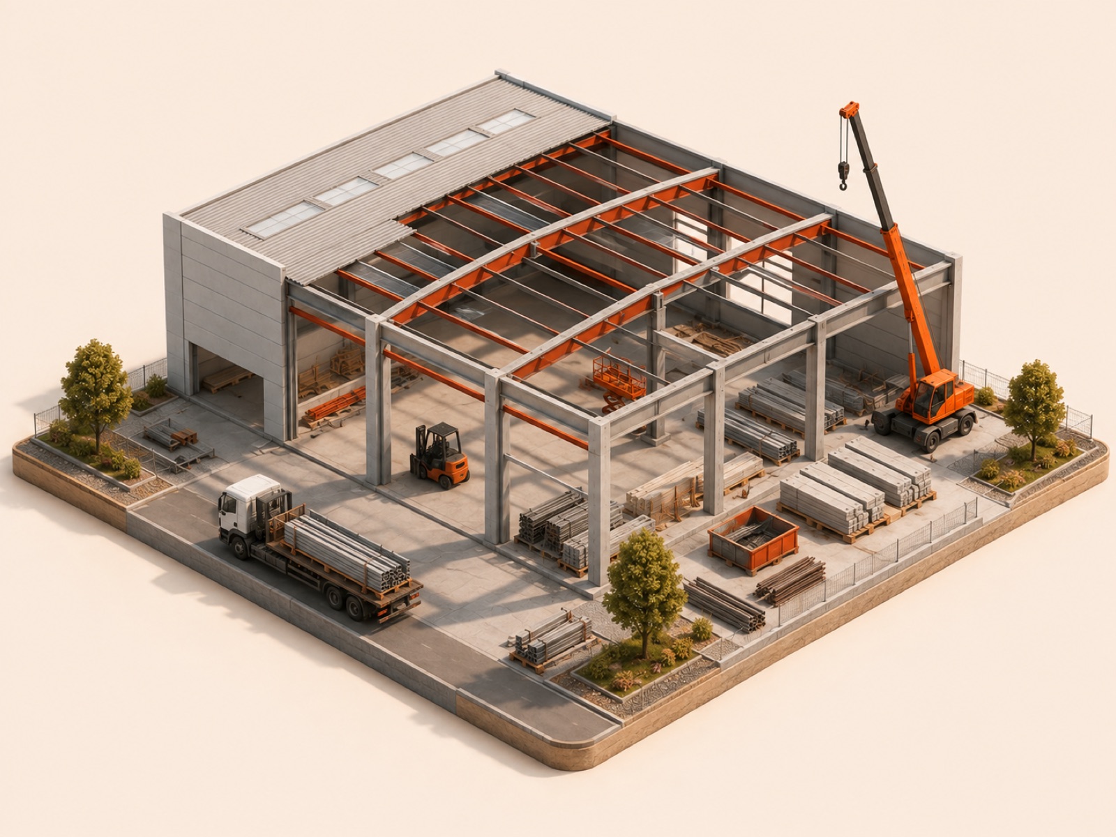 Illustration Gewerbe- und Industriebau mit Halle und Kran – de Carnèe