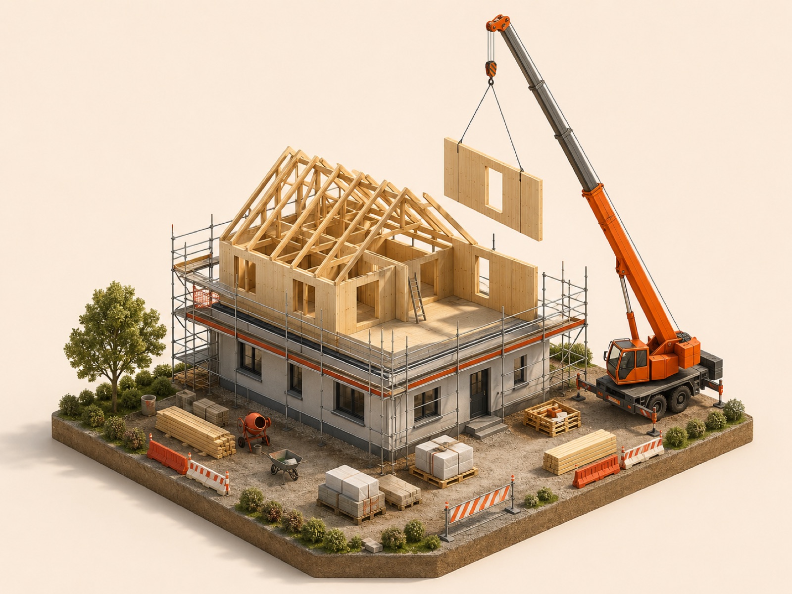Illustration Umbau, Anbau und Aufstockung mit Dachstuhl und Kran – de Carnèe
